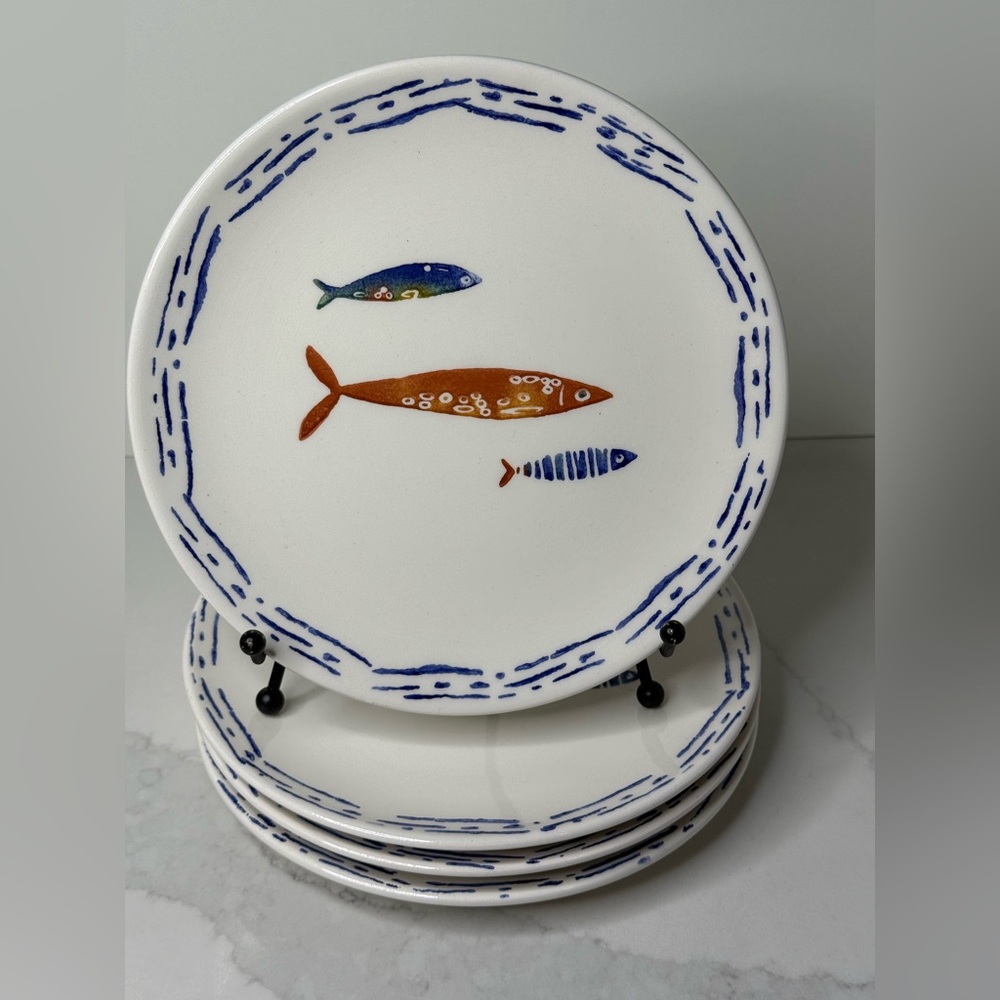 4 Papart Seramik 8” SALAD PLATES Fish Coastal Nautical Hand Painted Turkey New - Picture 8 of 11